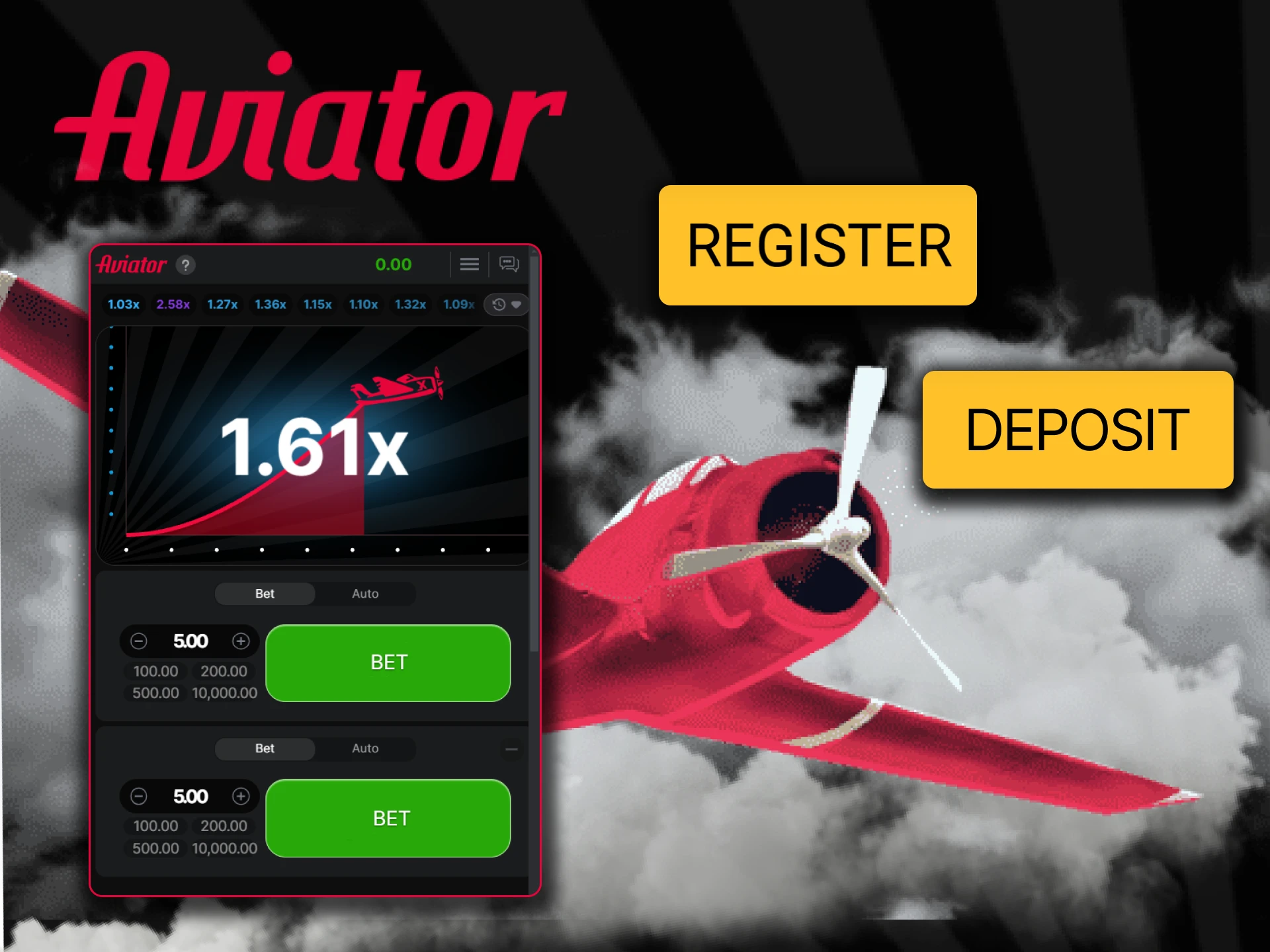 Register and make a deposit at the official casino to play Aviator.