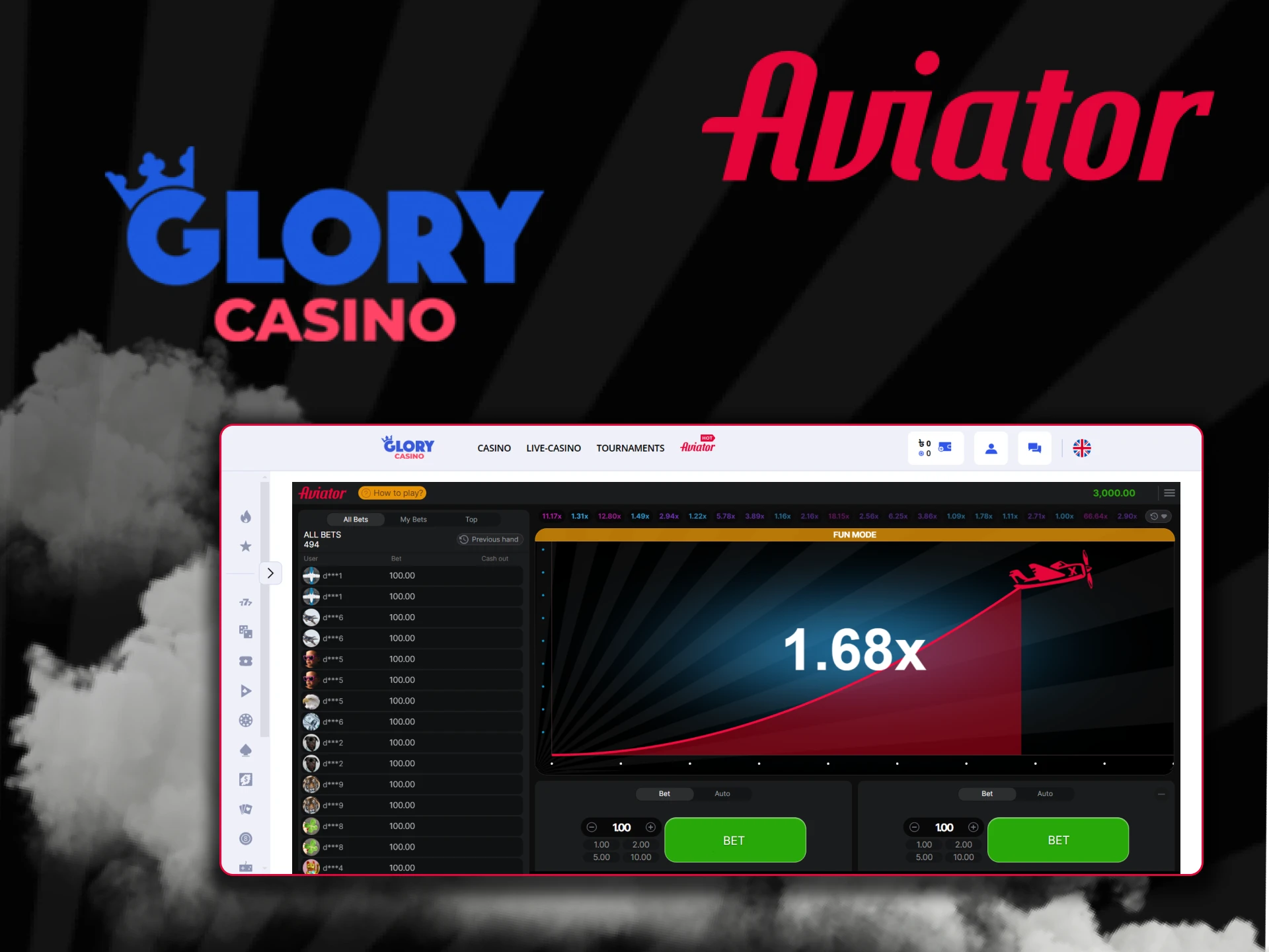 Sign up at Glory Casino to play the Aviator game.