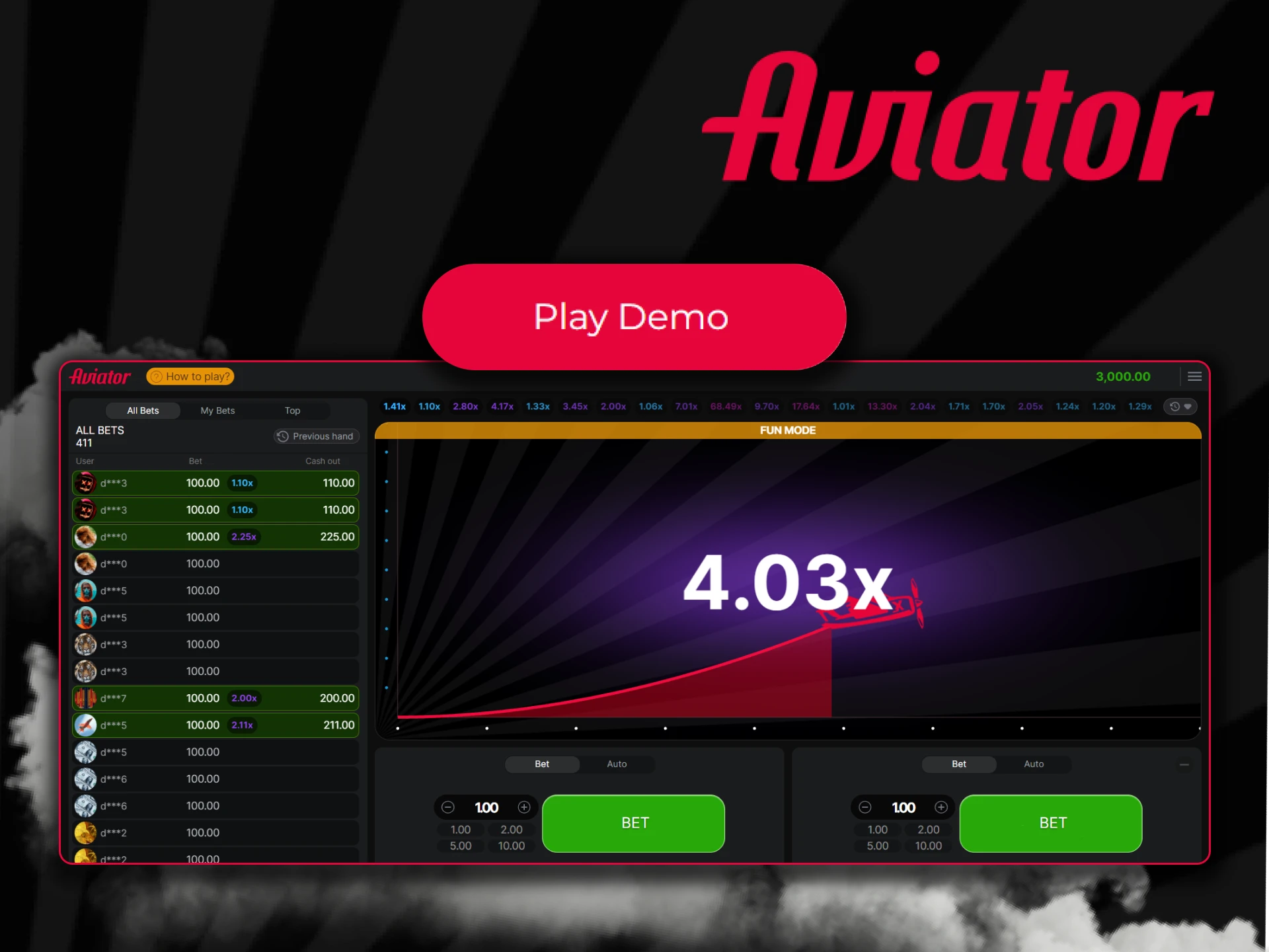 Select Aviator demo mode on the casino website.