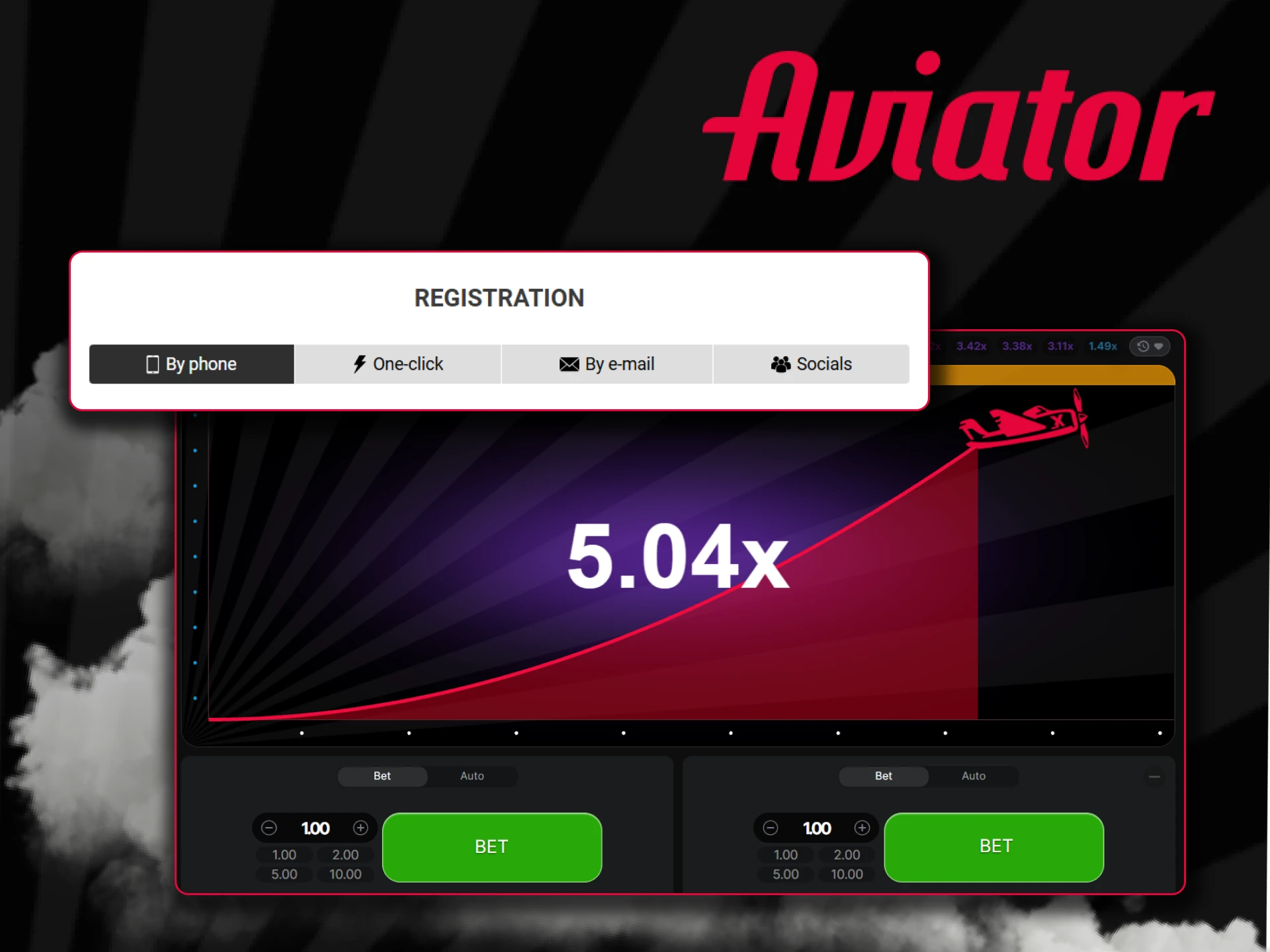 Choose your registration method and play the Aviator game.