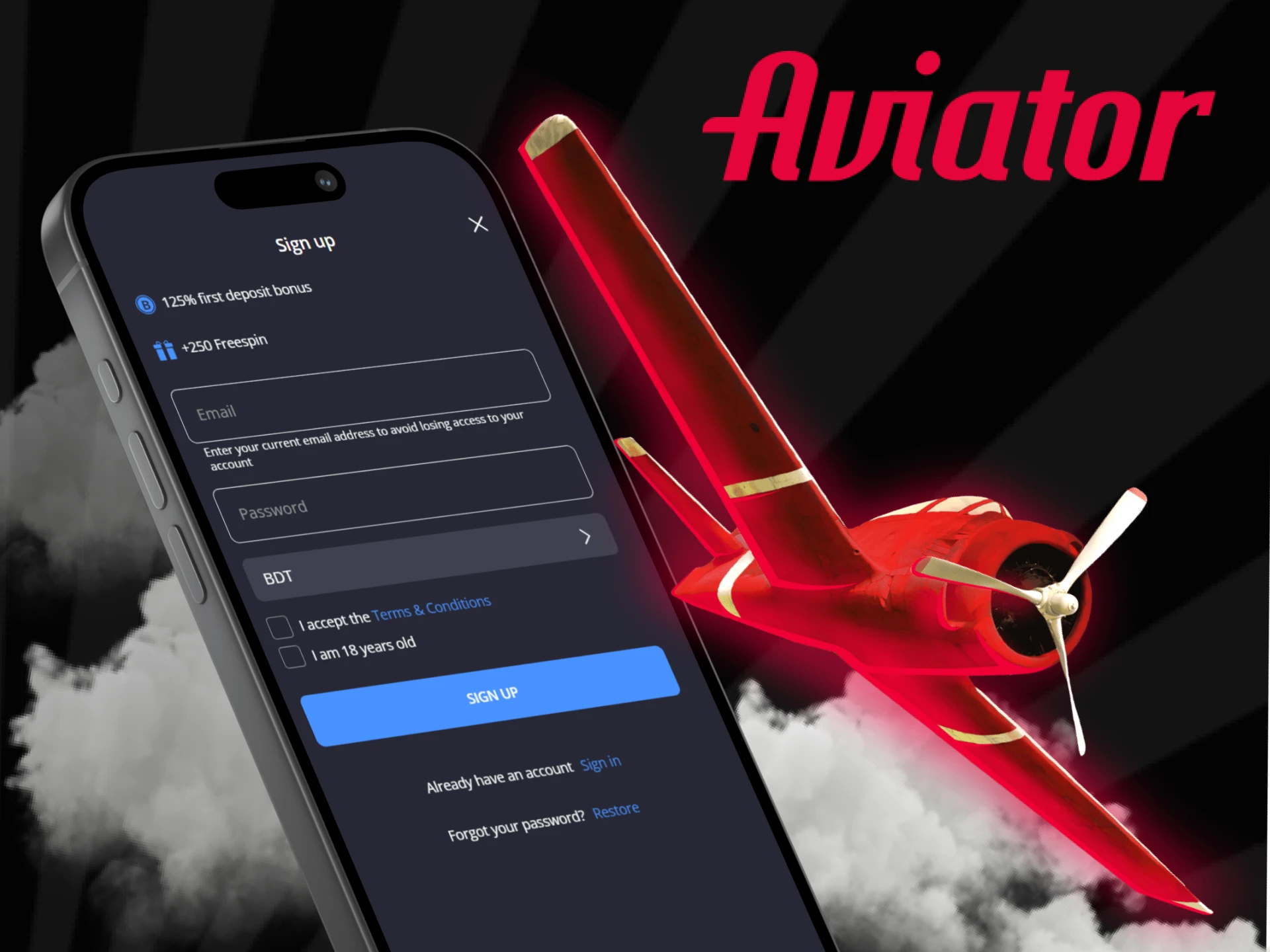 Sign up in the casino app to play Aviator.