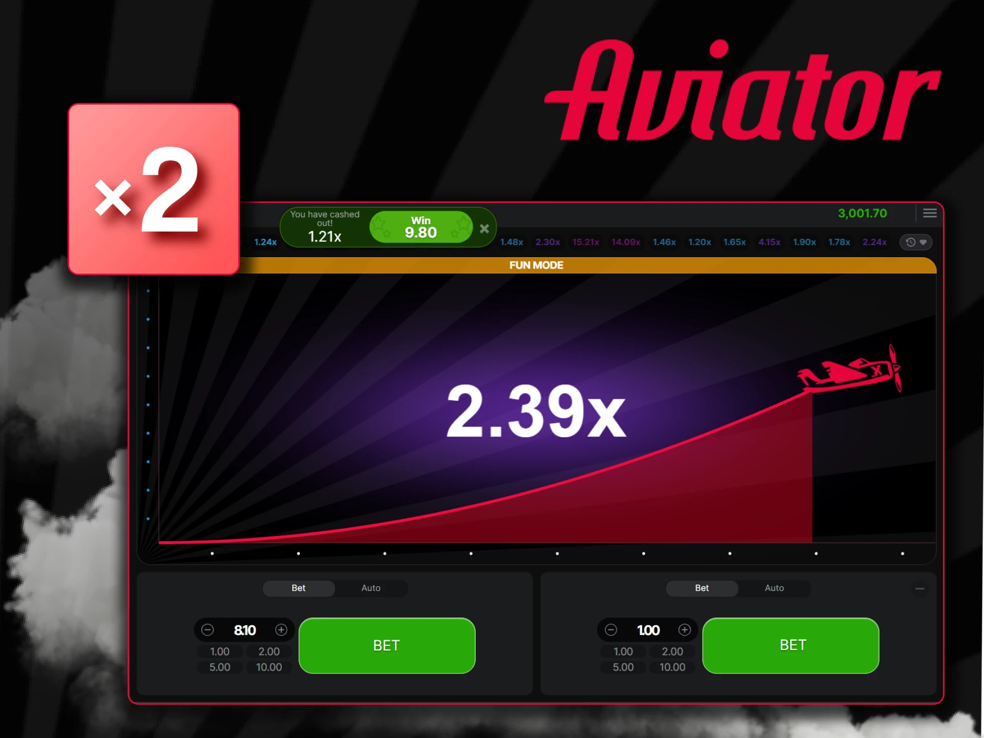 Double your bet after win in the Aviator game.