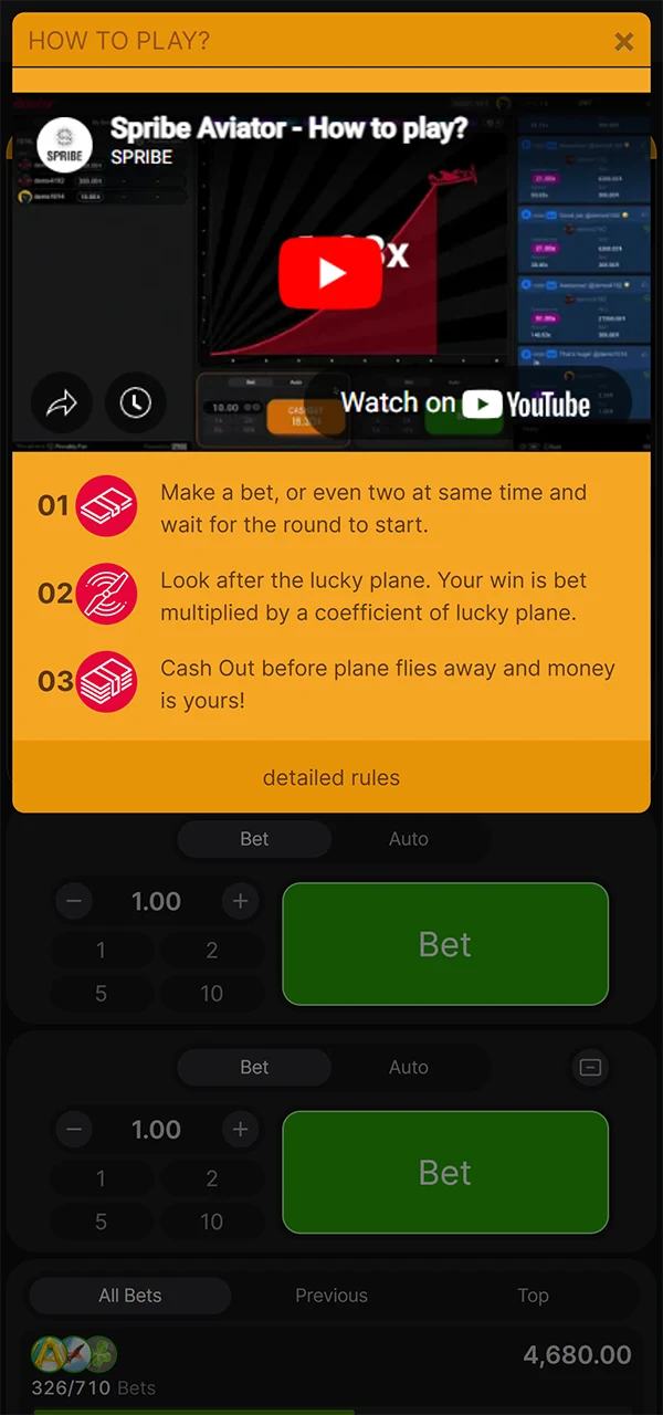 Learn the rules of the game and watch the instructional video to be confident in your bets at Aviator playing from India.