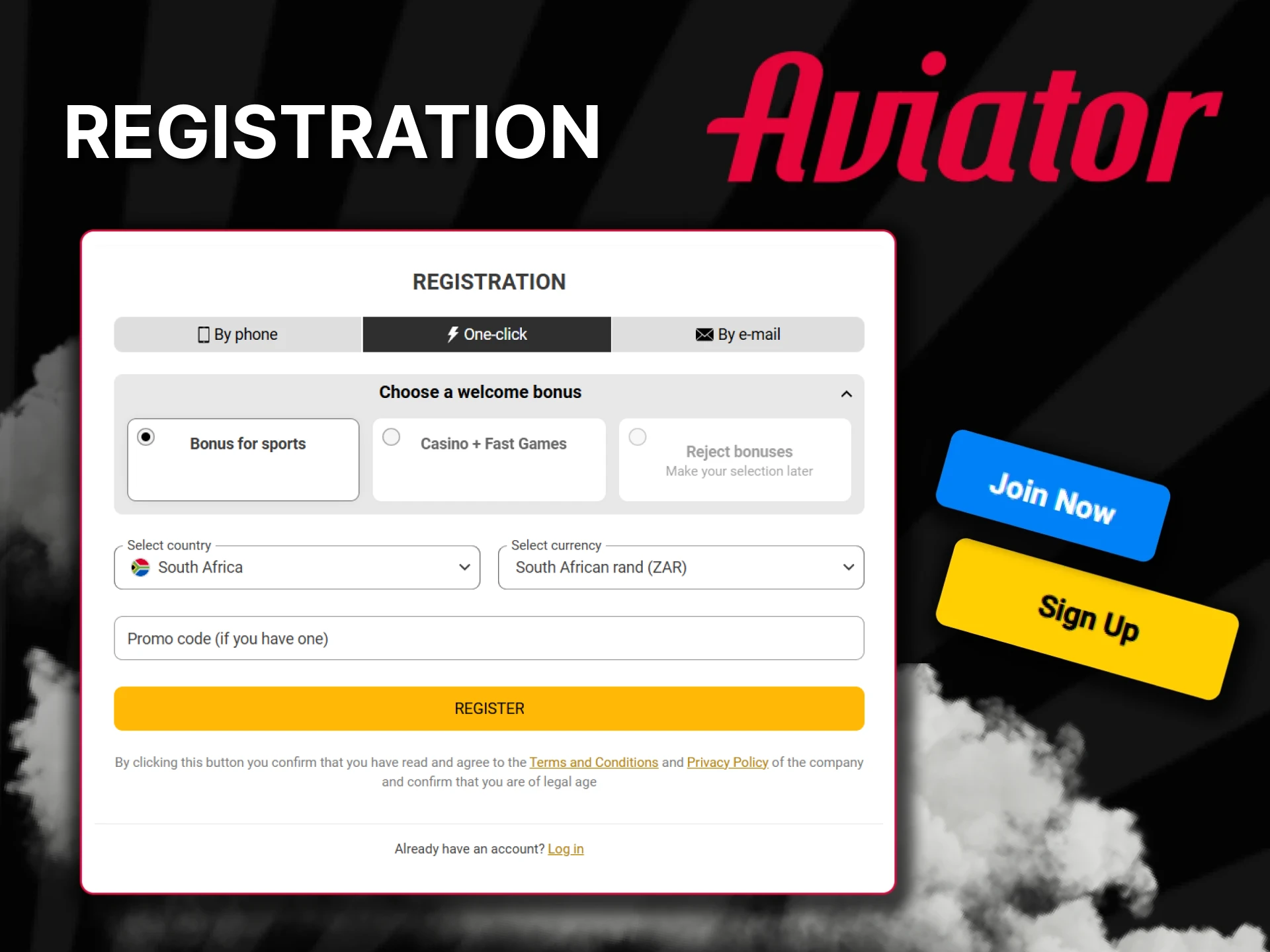 Enter your country and currency to register and play Aviator.