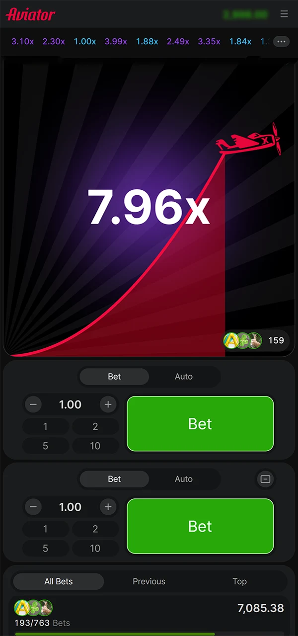 The main interface of the Aviator game in South Africa.